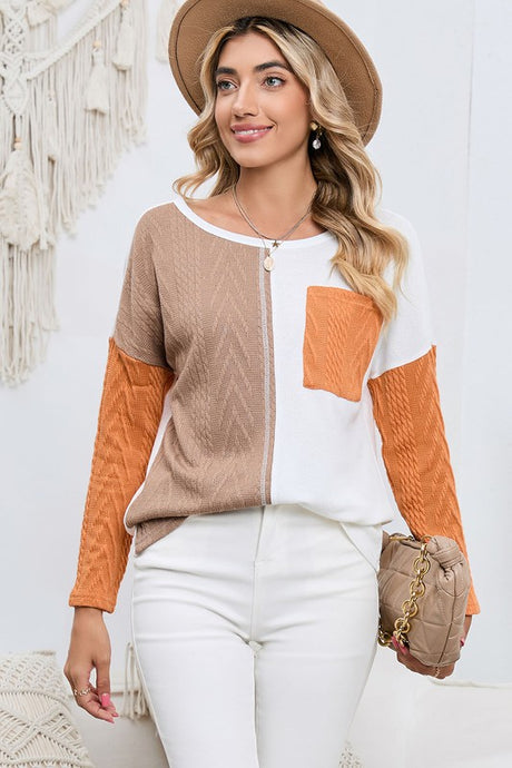 Cable Knit Color Block Round Neck Sweater king-general-store-5710.myshopify.com