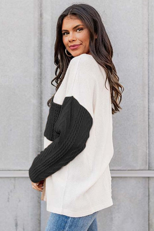 Cable Knit Color Block Round Neck Sweater king-general-store-5710.myshopify.com