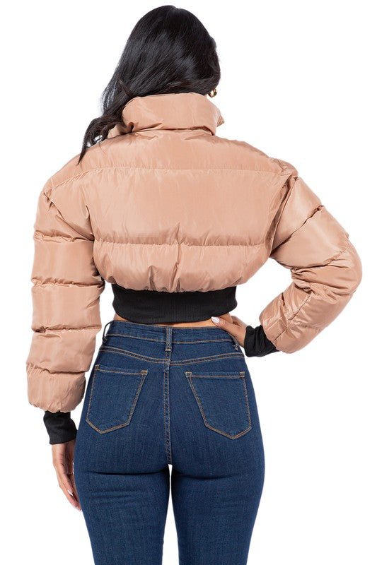 Khaki Crop Style Puffer Jacket king-general-store-5710.myshopify.com