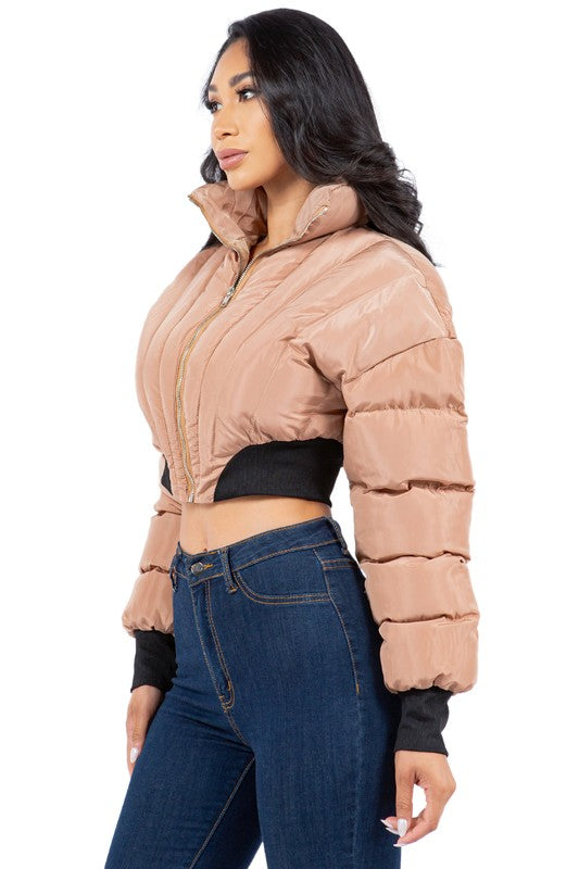 Khaki Crop Style Puffer Jacket king-general-store-5710.myshopify.com