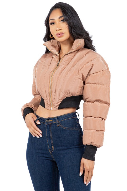 Khaki Crop Style Puffer Jacket king-general-store-5710.myshopify.com