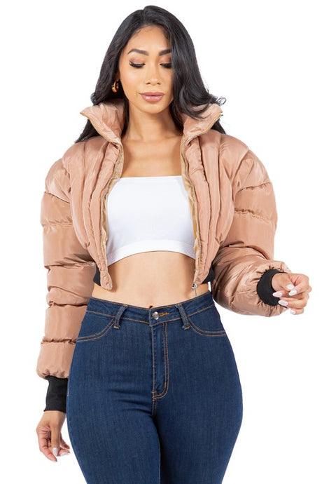 Khaki Crop Style Puffer Jacket king-general-store-5710.myshopify.com