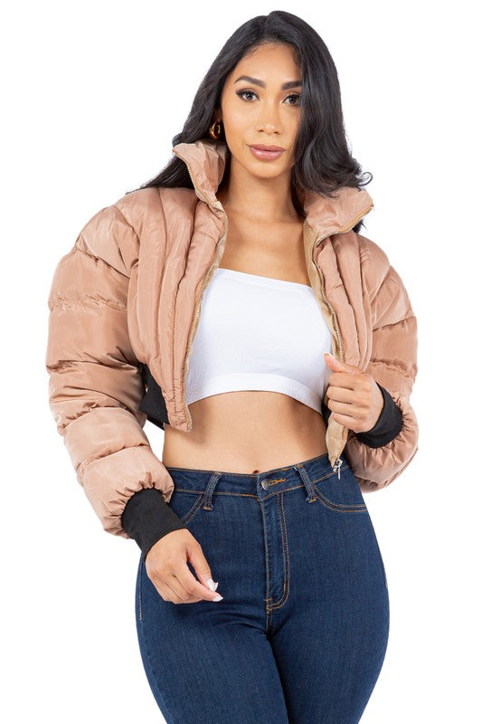 Khaki Crop Style Puffer Jacket king-general-store-5710.myshopify.com