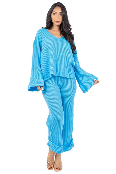 Ribbed Bell Sleeve Wide Leg Pants Set king-general-store-5710.myshopify.com