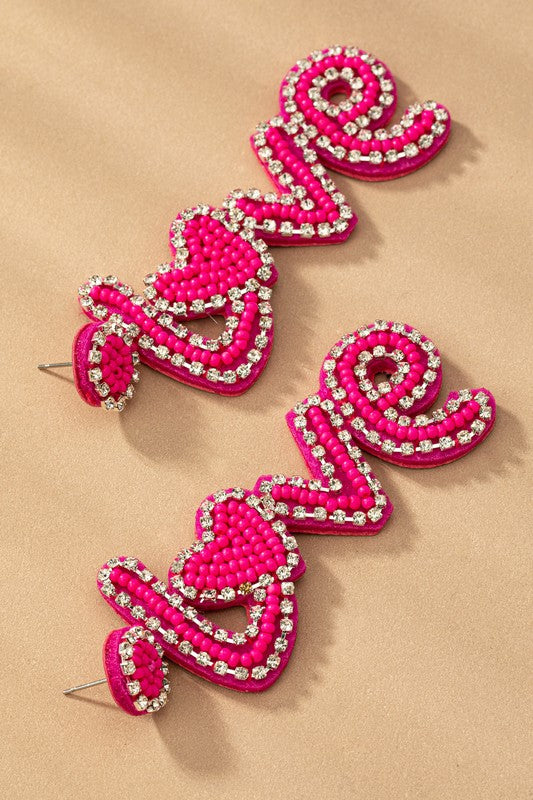 Hot pink love seed bead rhinestone earrings king-general-store-5710.myshopify.com