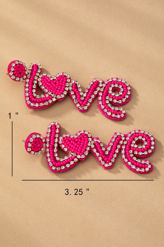 Hot pink love seed bead rhinestone earrings king-general-store-5710.myshopify.com