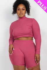 Plus Size Ribbed Mock Neck Crop Top & Shorts Set king-general-store-5710.myshopify.com