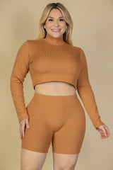 Plus Size Ribbed Mock Neck Crop Top & Shorts Set king-general-store-5710.myshopify.com