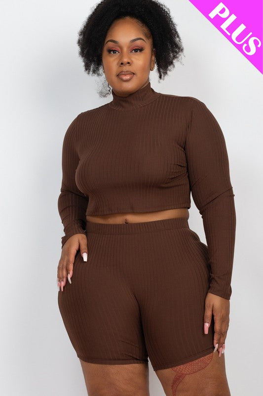 Plus Size Ribbed Mock Neck Crop Top & Shorts Set king-general-store-5710.myshopify.com