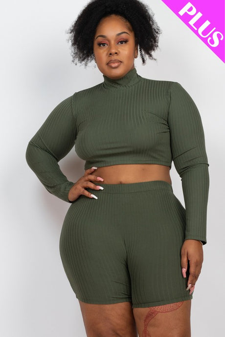 Plus Size Ribbed Mock Neck Crop Top & Shorts Set king-general-store-5710.myshopify.com