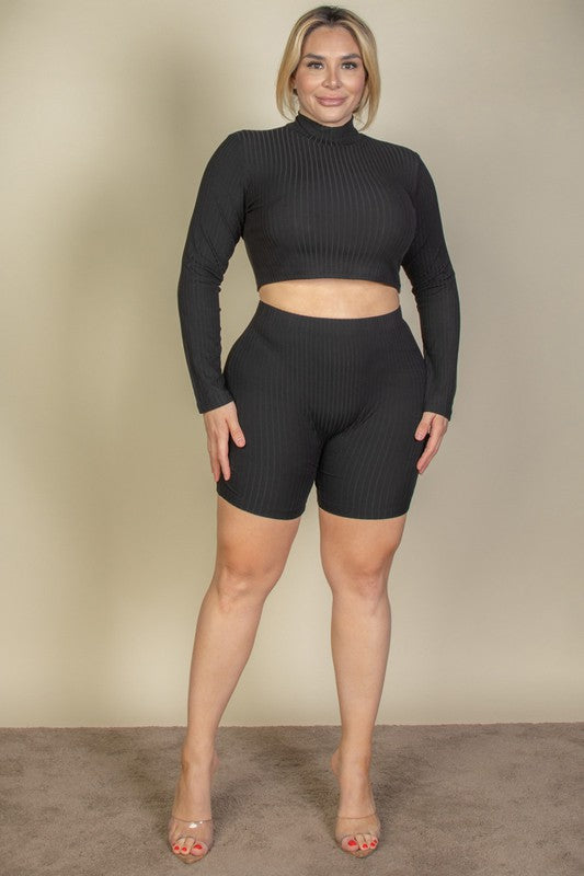 Plus Size Ribbed Mock Neck Crop Top & Shorts Set king-general-store-5710.myshopify.com