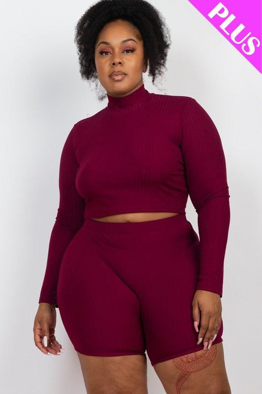 Plus Size Ribbed Mock Neck Crop Top & Shorts Set king-general-store-5710.myshopify.com