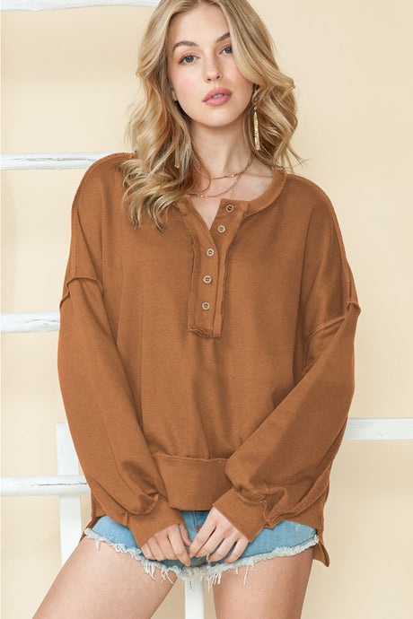 Cotton Slouchy Drop Shoulder Henley Sweatshirt king-general-store-5710.myshopify.com