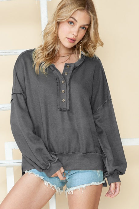 Cotton Slouchy Drop Shoulder Henley Sweatshirt king-general-store-5710.myshopify.com