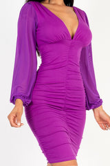 Ruched Mesh Long Sleeve V-Neck Mini Dress king-general-store-5710.myshopify.com