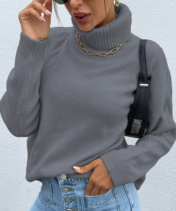 Grey Turtleneck Drop Shoulder Sweater