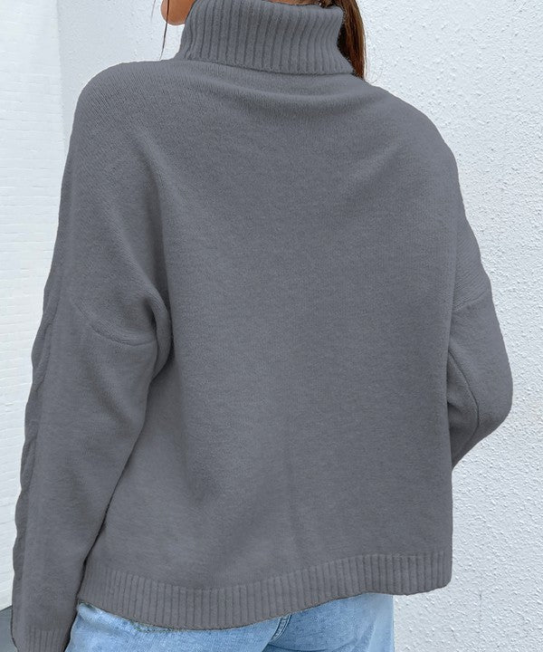Grey Turtleneck Drop Shoulder Sweater