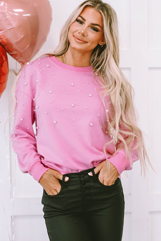 Bonbon Pearl Detail Ribbed Crew Neck Sweatshirt