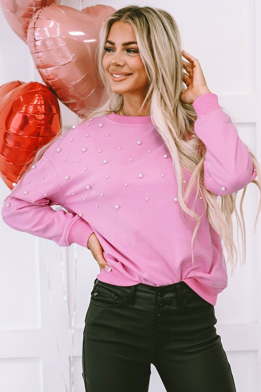 Bonbon Pearl Detail Ribbed Crew Neck Sweatshirt