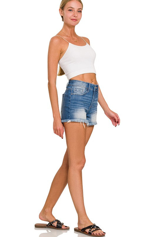 Mid Rise Raw Frayed Hem Denim Shorts