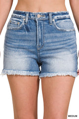 Mid Rise Raw Frayed Hem Denim Shorts