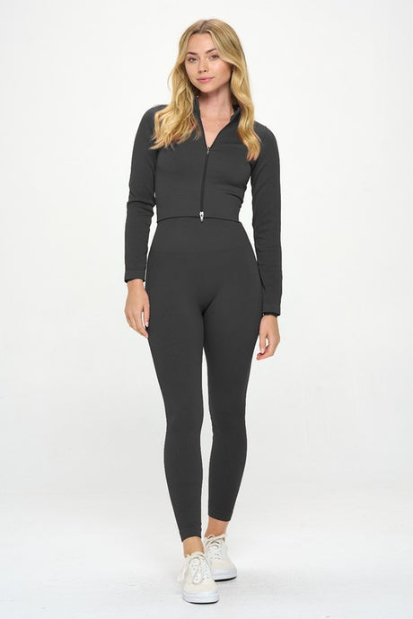 Ribbed Seamless Long Sleeve Zip Jacket set king-general-store-5710.myshopify.com