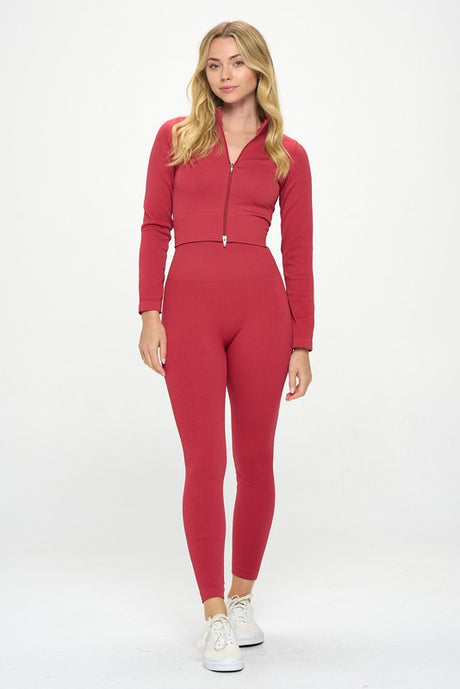 Ribbed Seamless Long Sleeve Zip Jacket set king-general-store-5710.myshopify.com