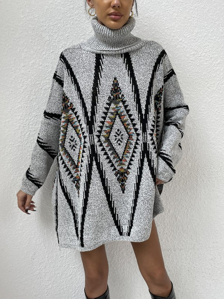 Argyle Pattern Turtleneck Drop Shoulder Sweater