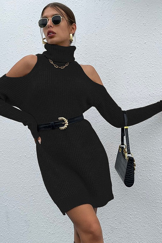 Black Turtleneck Cold-Shoulder Sweater Dress