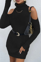 Black Turtleneck Cold-Shoulder Sweater Dress