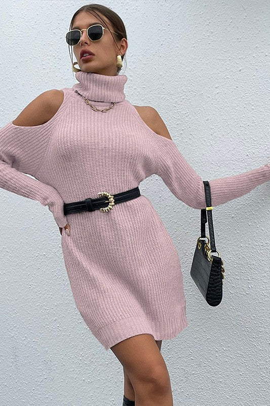 Pink Turtleneck Cold-Shoulder Sweater Dress