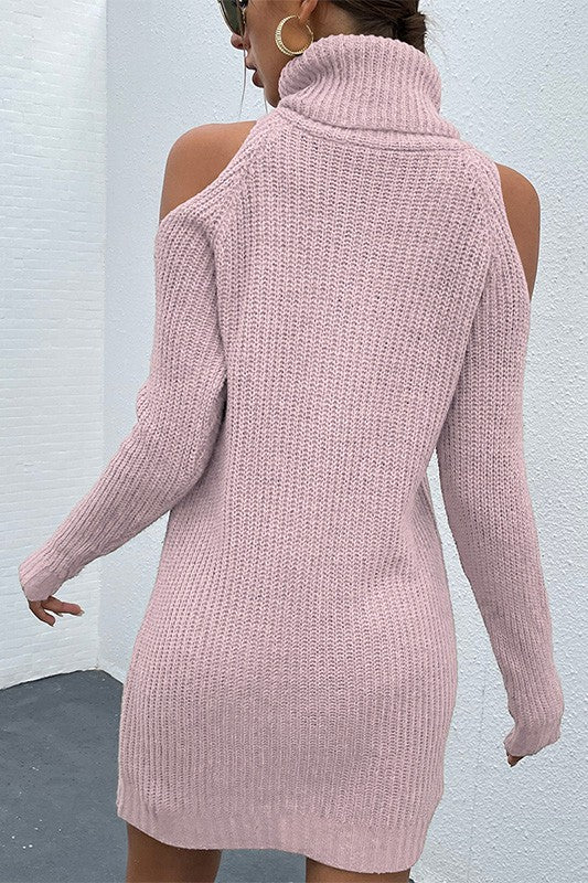 Pink Turtleneck Cold-Shoulder Sweater Dress