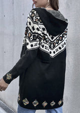 Black Geo Pattern Hooded Cardigan with Belt