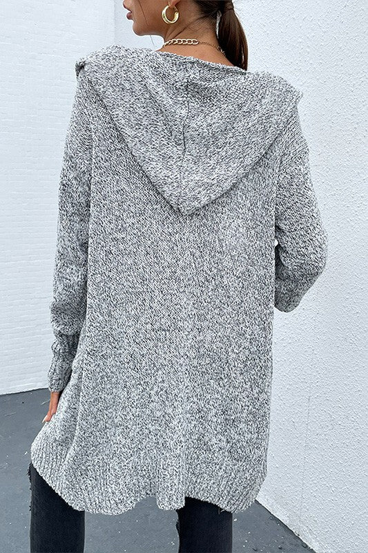 Long Gray Knit Dual Pocket Hooded Cardigan