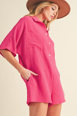 Bright Pink Half Button Collared Loose Romper