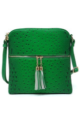 Ostrich Croc Zip Tassel Crossbody Bag