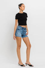 High Rise Raw Hem Denim Shorts