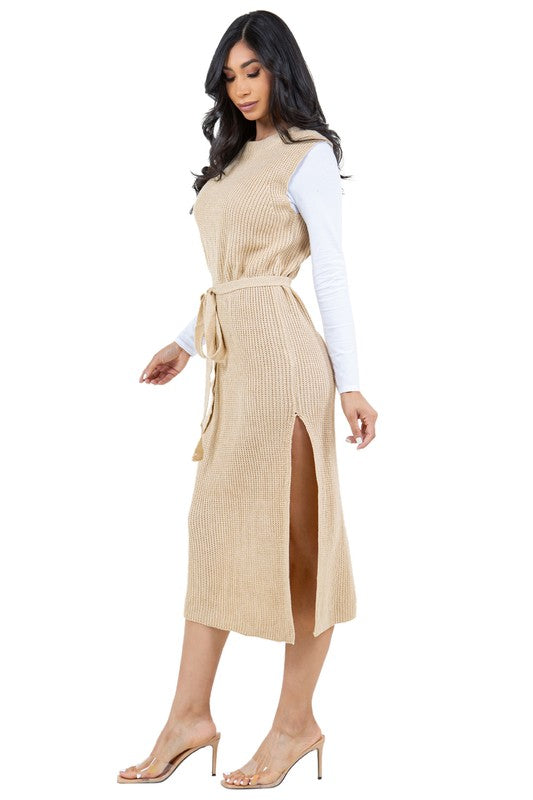 Solid Sleeveless Belt Look Sweater Dress king-general-store-5710.myshopify.com