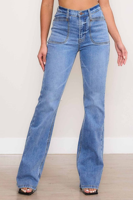 Medium Stone Square Pocket Bootcut Jeans