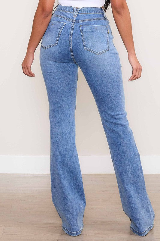 Medium Stone Square Pocket Bootcut Jeans