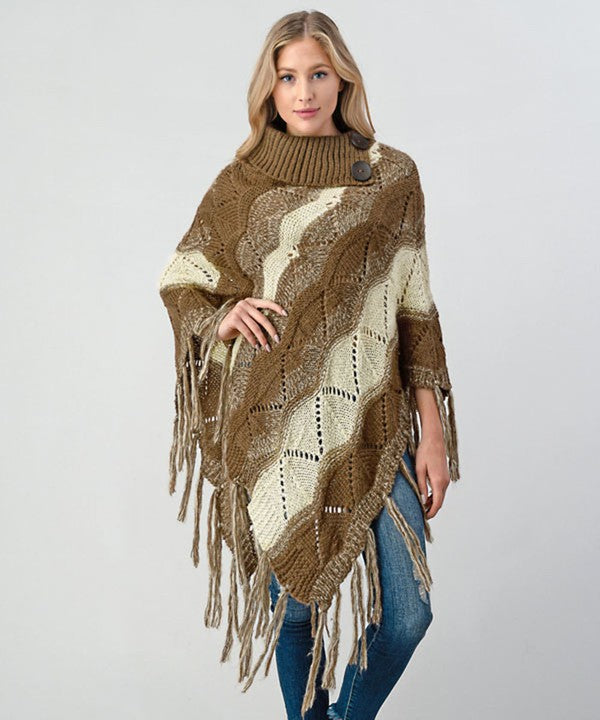 Khaki Fringe Trim Batwing Sleeve Poncho Sweater