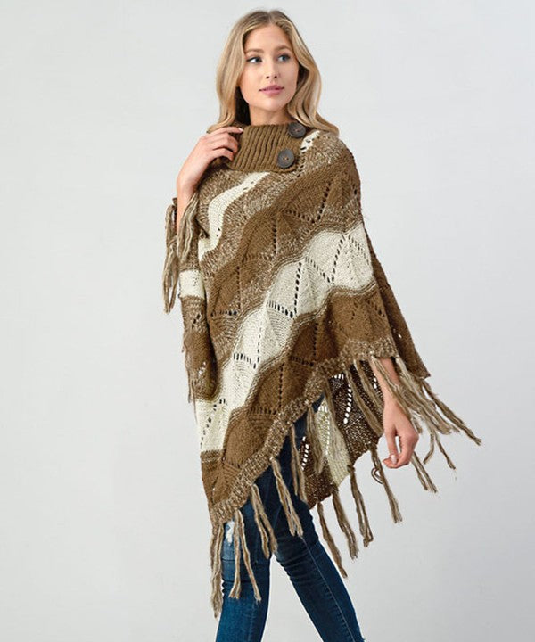 Khaki Fringe Trim Batwing Sleeve Poncho Sweater