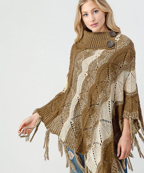 Khaki Fringe Trim Batwing Sleeve Poncho Sweater