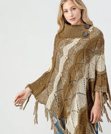 Khaki Fringe Trim Batwing Sleeve Poncho Sweater