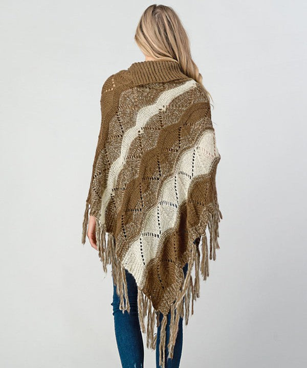 Khaki Fringe Trim Batwing Sleeve Poncho Sweater