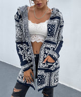 Navy Blue Floral Pattern Hooded Cardigan