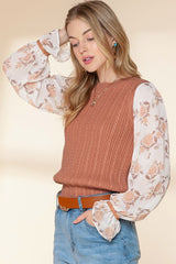 Floral Ruffle Cuff Sleeve Cable Knit Sweater king-general-store-5710.myshopify.com
