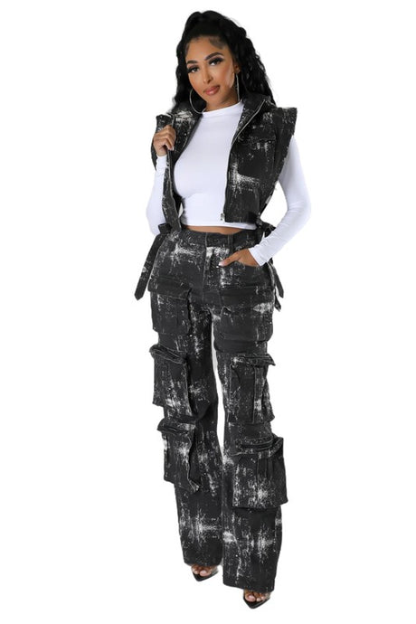 Sleeveless Zipper Up Cargo Pants Set