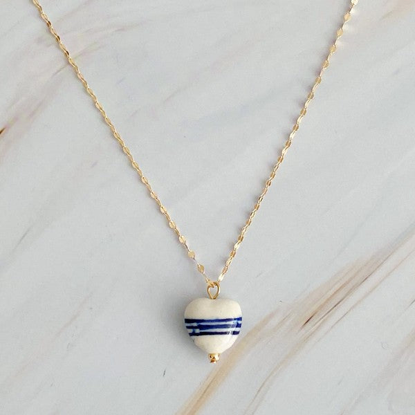 Blue Striped Ceramic Heart Pendant Necklace king-general-store-5710.myshopify.com