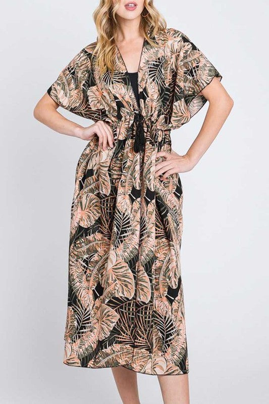 Tropical Print Long Kimono Duster Cardigan